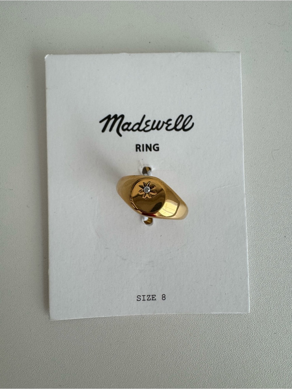 NEW Madewell Polished Gold Starburst Signet Ring with Clear Stone Size 8